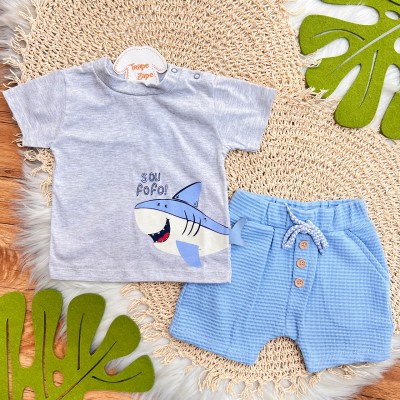 Conj. Camiseta Tubarão Sou Fofo e Bermuda - Mescla e Azul Claro